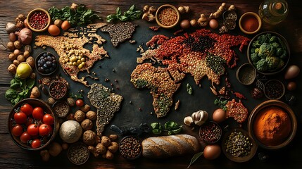 A conceptual map of the world with food from various regions illustrating the rich diversity of global food cultures