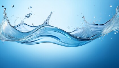  Elegant water splashes forming smooth waves on a serene blue background for cosmetic product