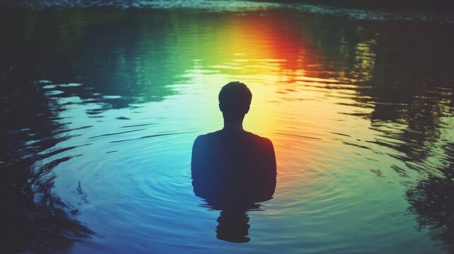 A person immersed in a vibrant rippling pool, with a stunning spectrum of colors dancing across the water's surface.