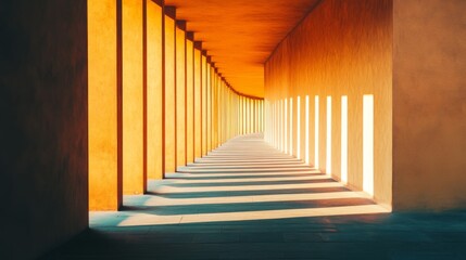 A corridor with warm orange light casts dramatic shadows through a series of open architectural frames, leading towards the horizon.