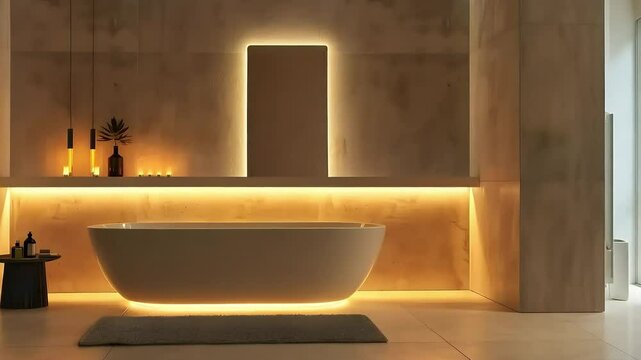Modern bathroom interior design with warm lighting and empty frame