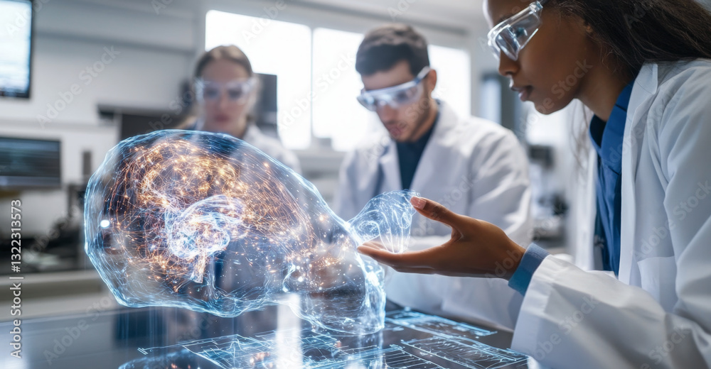 Poster interns in lab coats engage in an advanced research activity, examining a holographic brain model. t