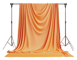 Elegant Orange Fabric Drapery on Studio Backdrop Stand Setup, Isolated on Transparent Background