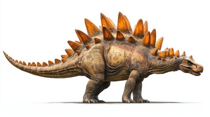 Obraz premium A magnificent Stegosaurus, its plates gleaming in the sunlight, stands proudly against a stark white background, its imposing presence accentuated by the sharp clipping path, leaving no trace of its