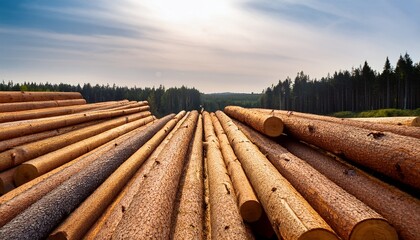 Log trunks pile, Wooden trunks pine, Logging timber wood industry