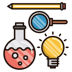 A Vibrant Exploration Of Ideas A Pencil Sketching, A Magnifying Glass Investigating, A Bubbling Potion Brewing, And A Bright Lightbulb Illuminating, All In A Cheerful, Colorful Style