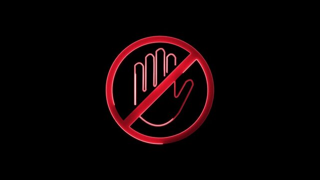 Glowing neon Don't Touch icon isolated on black background. HD Video motion graphic animation