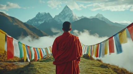 Monk gazes at mountains, flags flutter