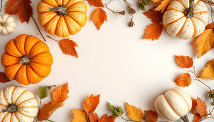 Fototapeta premium Flat lay with handmade painted gypsum pumpkins and copy space. Autumn holidays, thanksgiving, halloween geeting card, invitation mockup, photo. White tone