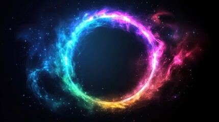 Vibrant rainbow energy ring with cosmic nebula background.
