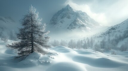 Obraz premium Frosty winter landscape with snow-covered mountains and trees.