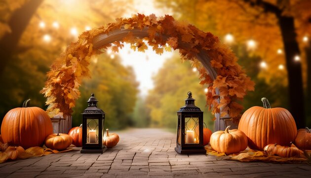 pumpkins and leaves archway with lantern, fall background for photography backdrop 