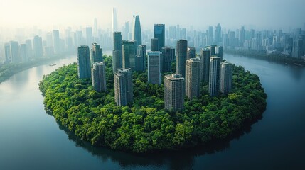 Obraz premium Urban oasis skyscrapers surrounded by lush greenery on an island.