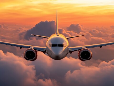 soaring flight: A majestic passenger airplane soars high above the clouds, bathed in the warm hues of a setting sun, capturing the essence of travel. - Powered by Adobe