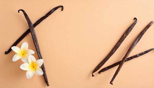  Top view of sticks and vanilla flowers on flat pastel beige background with copy space
