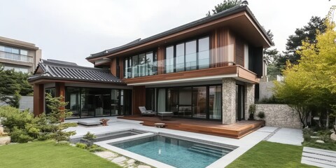 Fototapeta premium A modern home with a pool and beautiful landscaping surrounds it