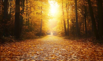 Obraz premium A sunlit path through a beautiful forest during autumn season