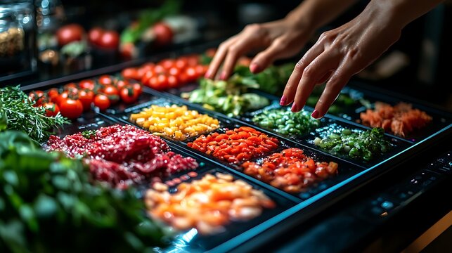 Hands using a touchscreen to select personalized meal options in a digital food ordering system