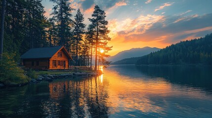 Fototapeta premium Lakeside cabin sunset reflection.