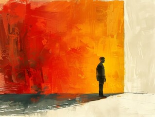 A small figure of a parable scene with celebration in the background rendered in a vibrant color palette