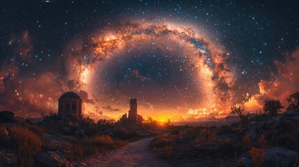 Ancient ruins at sunset with a vibrant, swirling nebula in the night sky.