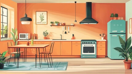 Obraz premium Sunny orange kitchen with teal fridge, wooden table, and plants.
