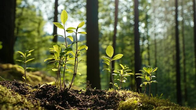 Young plants thrive on forest floor surrounded by tall trees in sunlight during spring season