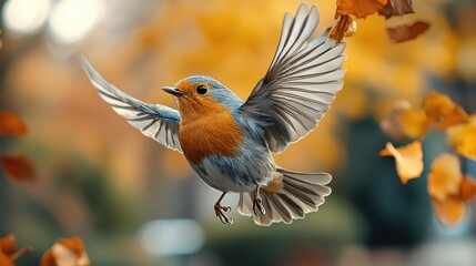 European robin in flight amidst autumn leaves.
