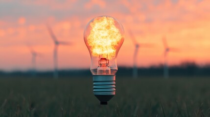 Light bulb filled with fire symbolizing energy transition near wind turbines at sunset
