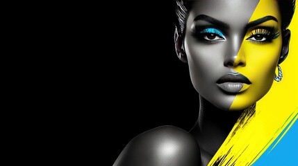   A woman with vibrant yellow and blue makeup on her face, accentuated by a striking yellow and blue stripe on her left cheek