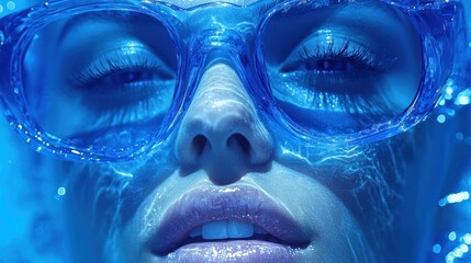 Woman underwater, vibrant blue glasses