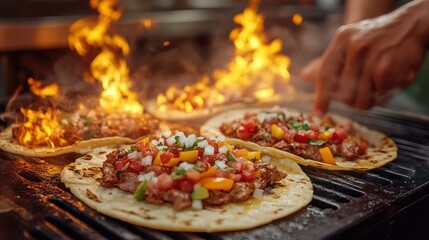 Flaming grilled tacos with meat, vegetables, and salsa.
