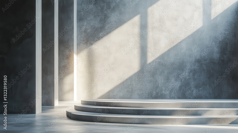 Poster minimalist interior with curved steps and soft sunlight illuminating a serene space during the day