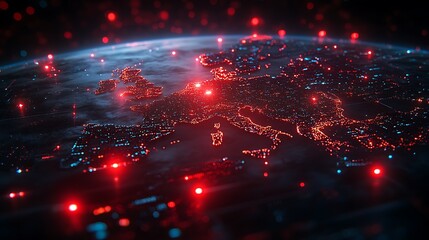 Futuristic depiction of cyber warfare targeting Europe with red alert indicators and an abstract global network