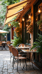 Fototapeta premium Charming outdoor cafe with a cozy atmosphere and empty tables in the sunlight