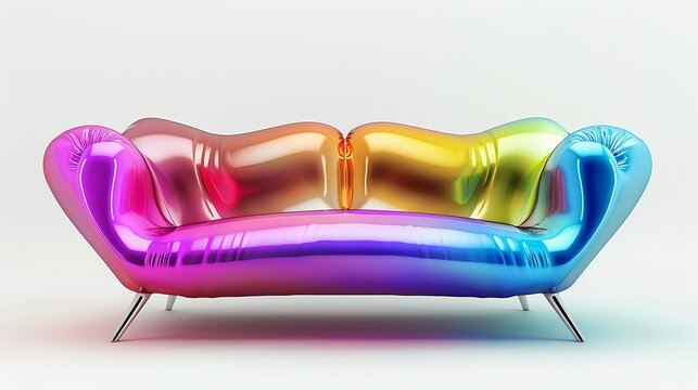 Colorful inflatable rainbow couch with holographic surface