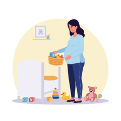 Pregnant woman organizing toys in a nursery with flat vector art illustration