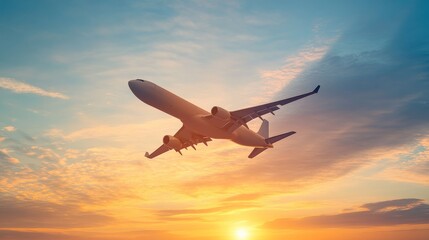 An airplane soars through a brilliant sunset sky, silhouetted against a backdrop of vibrant orange and blue, marking the beginning of a new adventure.