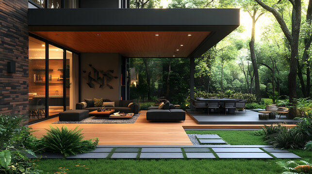 Modern outdoor living space seamlessly integrated with a contemporary home, featuring a covered patio, seating areas, and dining space, surrounded by lush landscaping