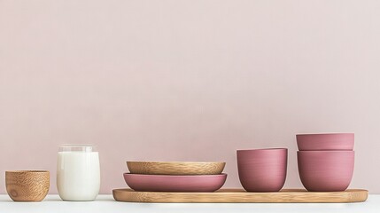   A wooden tray with pink bowls next to a glass of milk and another glass of milk atop a table