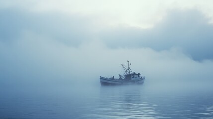 A fishing boat emerges from the mist on a tranquil sea, creating a scene of serene mystery and solitude.