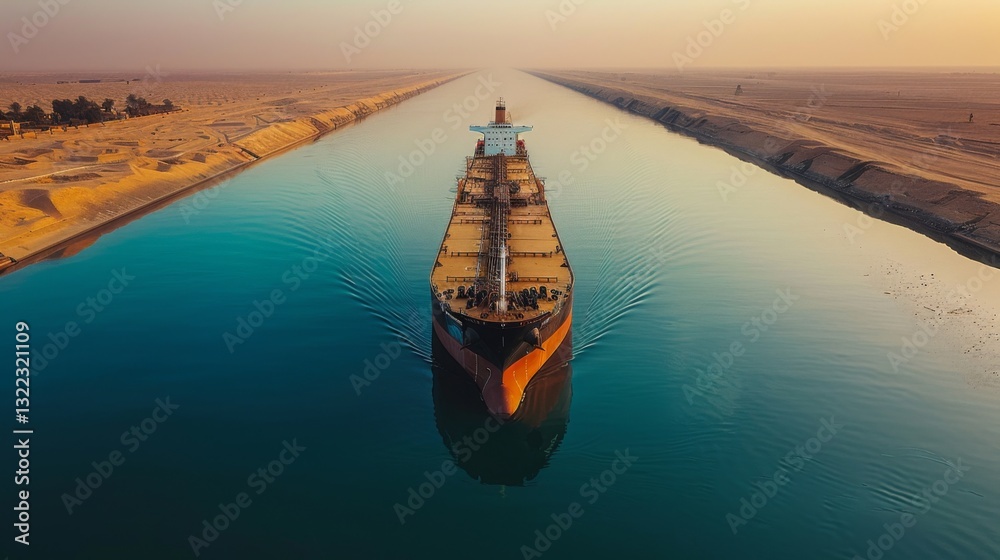 Poster a large container ship moves smoothly through a wide canal under a vibrant sunset, contrasting with 