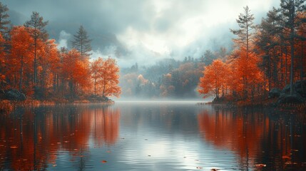 Serene autumn lake reflecting vibrant red trees in misty mountains.