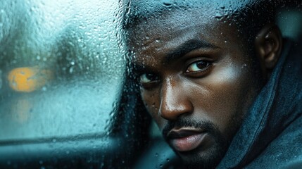 Fototapeta premium Rainy Day Portrait: A Man's Intense Gaze Through a Wet Window