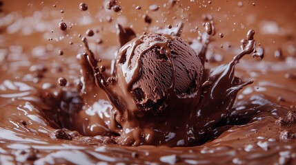 A cascade of liquid chocolate envelops a scoop of decadent chocolate ice cream, as if captured by the magic of Generative AI, a digital artist that breathes life into the mundane.
