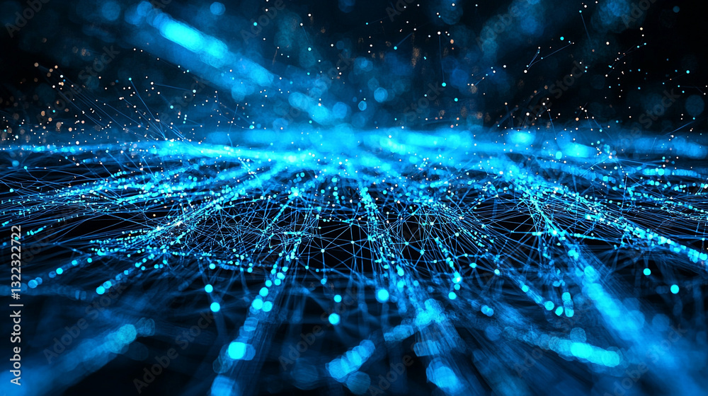 Poster abstract blue network digital data flow background image web mesh lines cyber space points bright