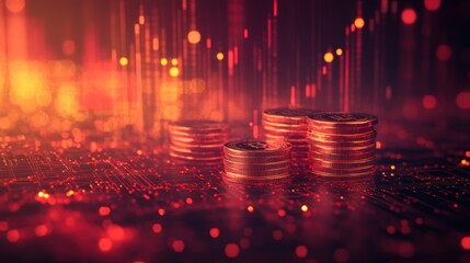 A digital landscape, where stacks of shimmering gold coins materialized alongside a generative AI diagram, visualizing the power of financial growth and technological advancement.