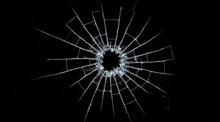 Obraz premium Shattered Broken Glass Radial Cracks Hole Black Background Abstract Texture