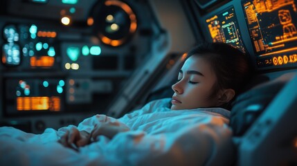 Woman asleep in futuristic spaceship cockpit.