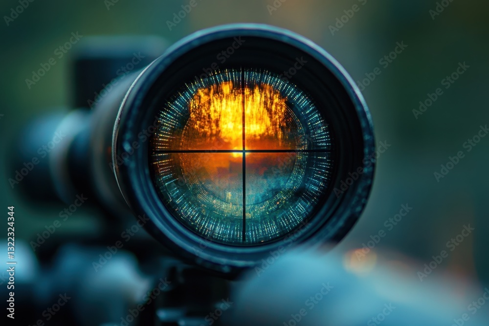 Poster sharp focus through a rifle scope captures a stunning sunset with vibrant colors on the horizon and 